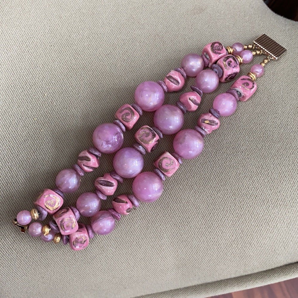 Vintage set pink glass earrings brooch bracelet - Picture 4 of 8